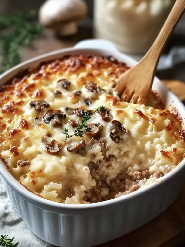 Creamy Beef & Mushroom Rice Bake