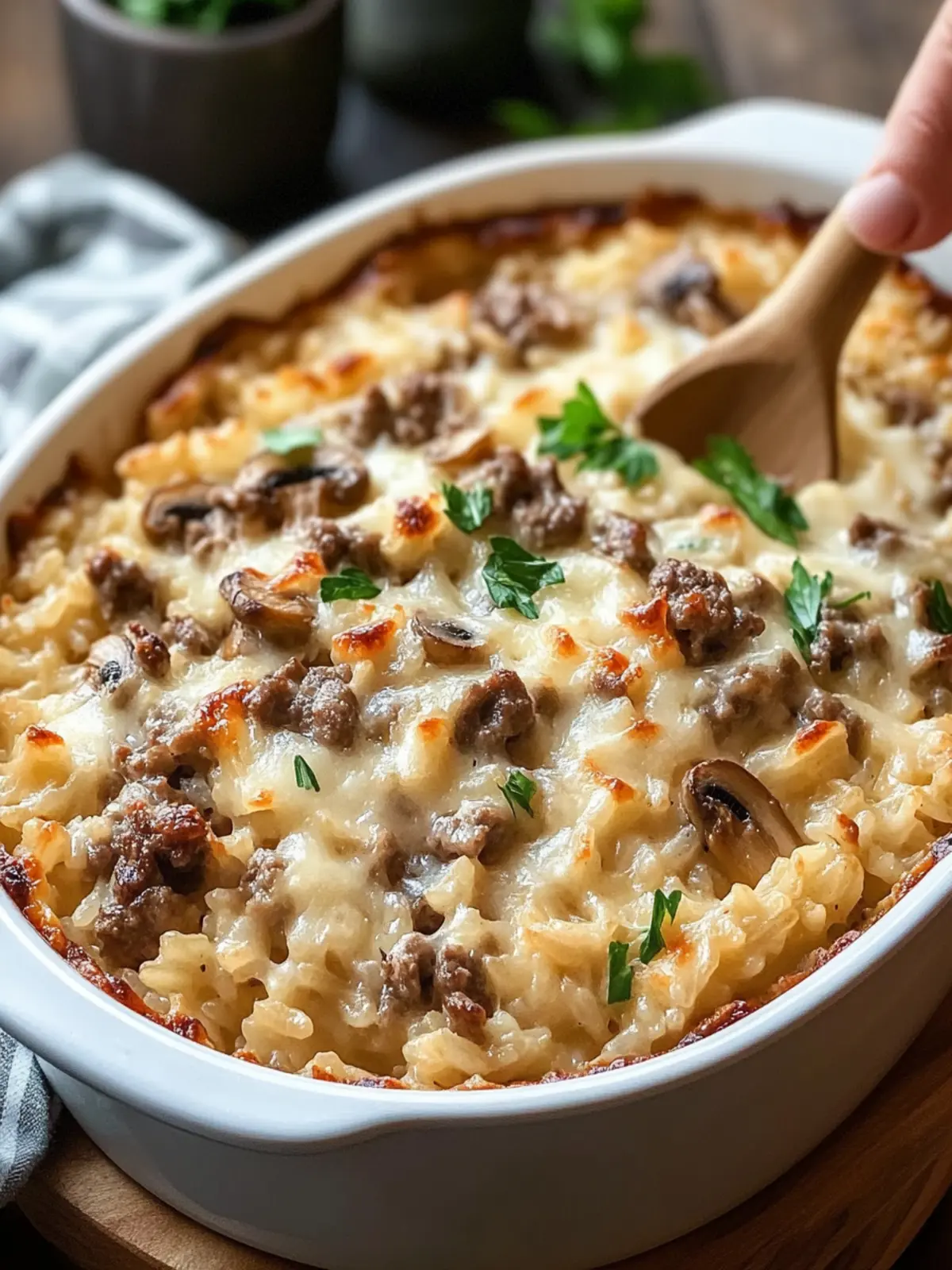 Creamy Beef & Mushroom Rice Bake