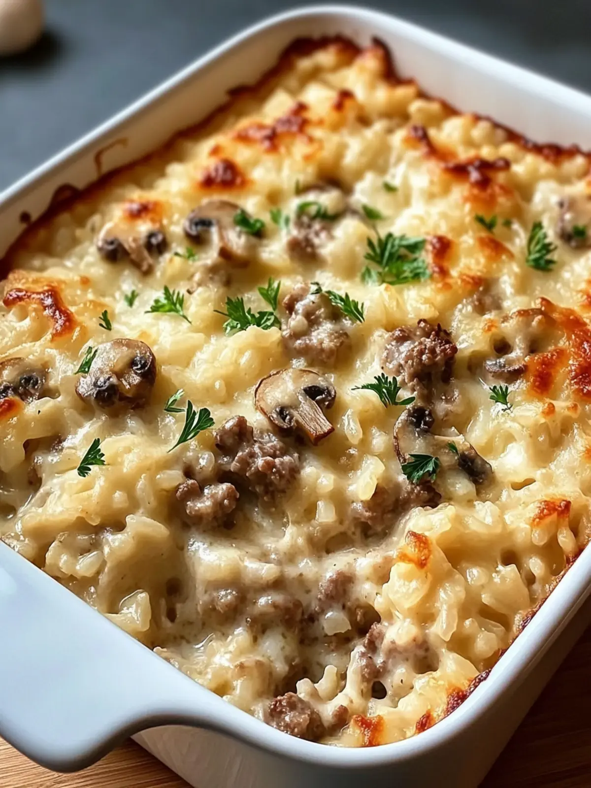 Creamy Beef & Mushroom Rice Bake
