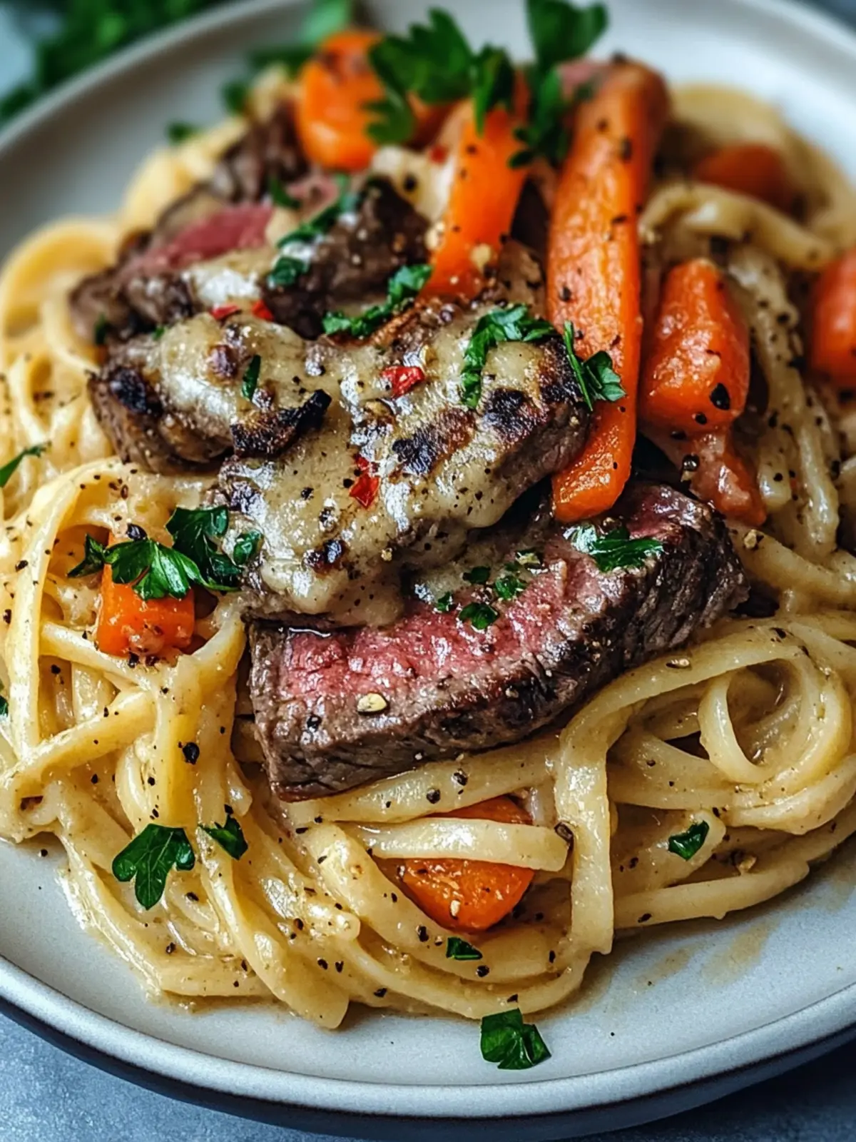 Cowboy Butter Steak Linguine with Roasted Carrots & Parsley