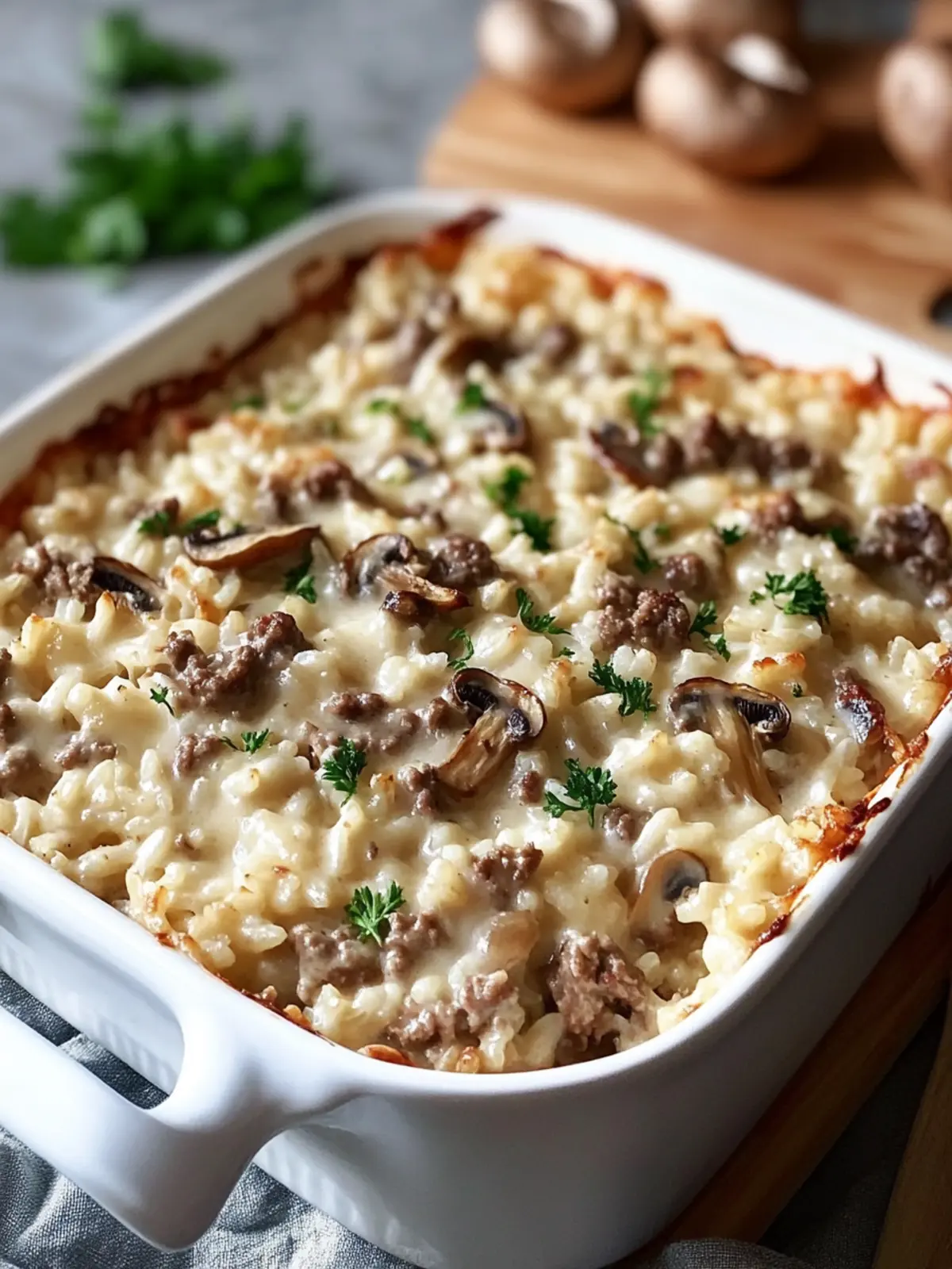 Creamy Beef & Mushroom Rice Bake