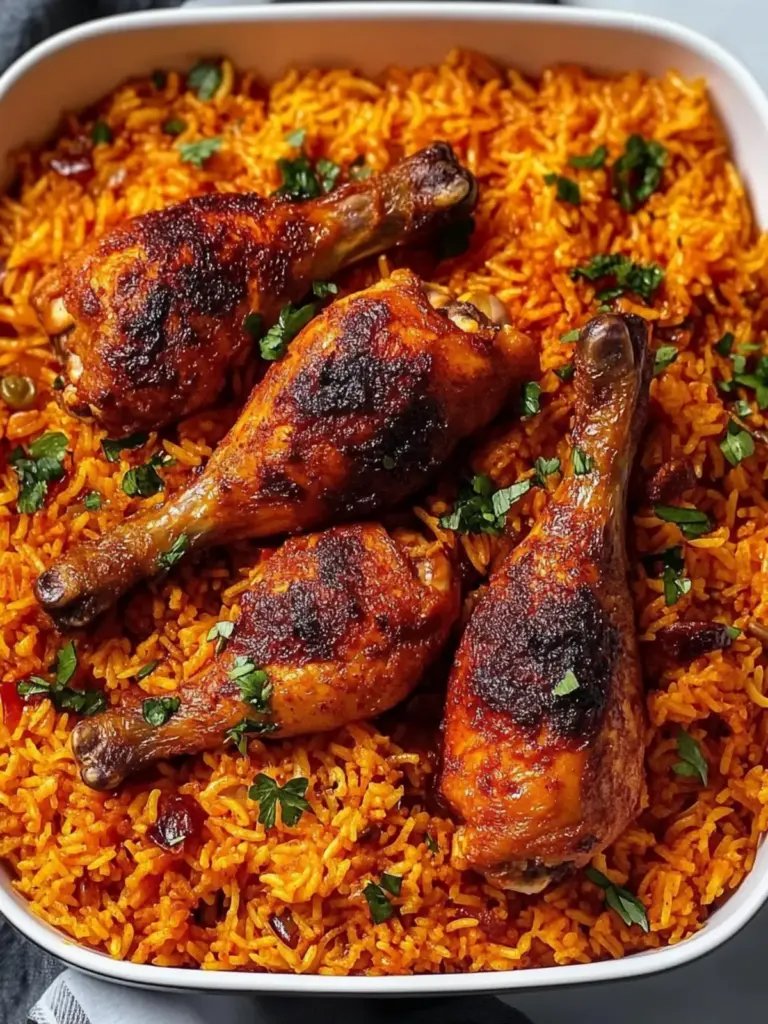Delicious Baked Jollof Rice with Roasted Chicken