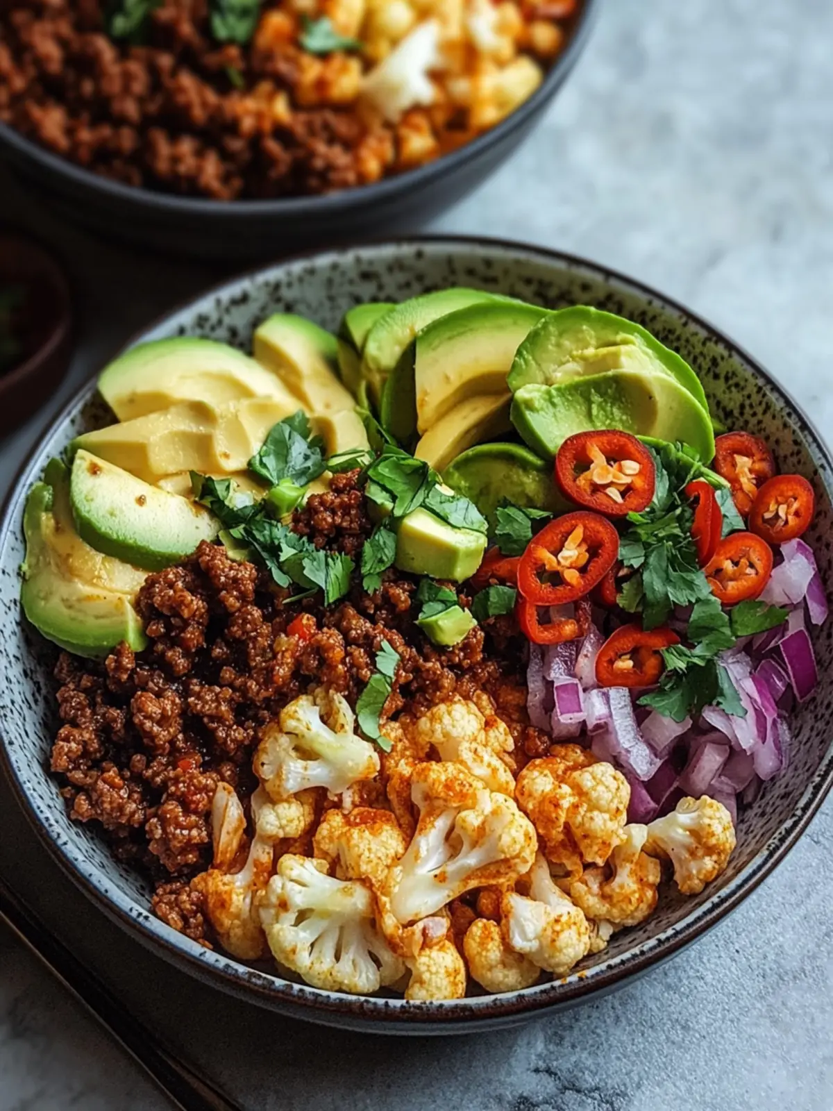 Crispy Chile Ground Beef and Cauliflower Protein Bowls Yum! 2 Crispy Chile Ground Beef and Cauliflower Protein Bowls