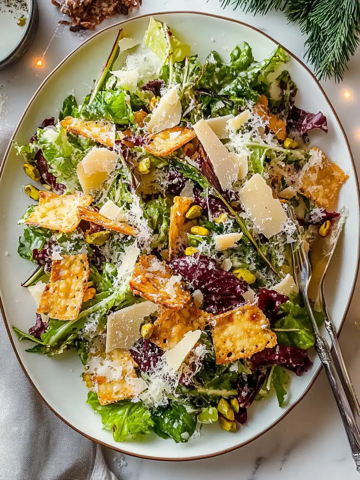Winter Caesar Salad with Parmesan Crisps & Pistachios