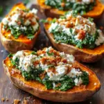 Heavenly baked sweet potatoes with creamy spinach ricotta and herb drizzle