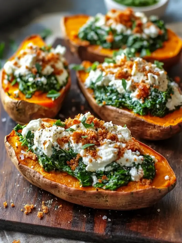 Heavenly baked sweet potatoes with creamy spinach ricotta and herb drizzle