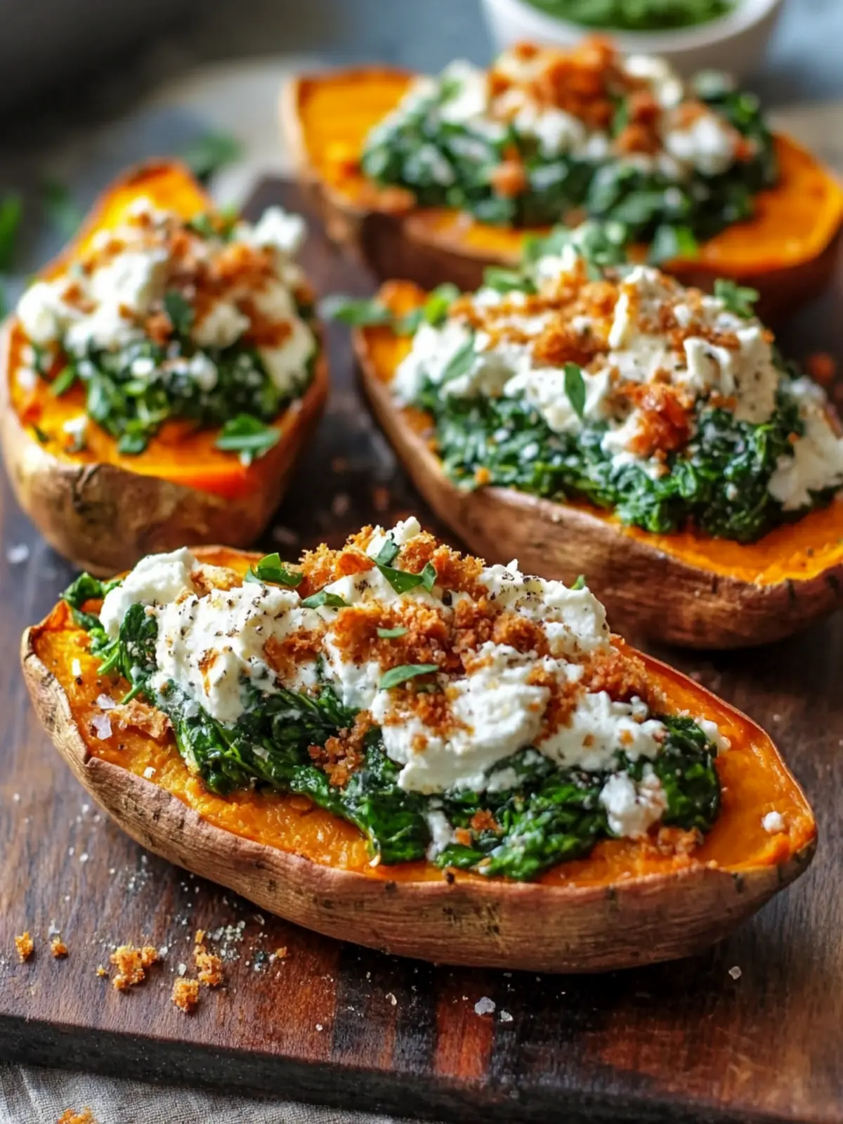 Heavenly baked sweet potatoes with creamy spinach ricotta and herb drizzle