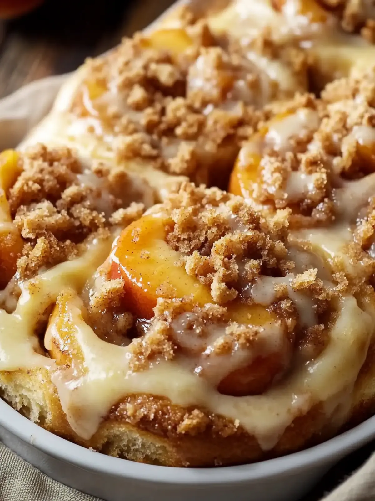 Peach Cobbler Cinnamon Rolls With Crumb Topping