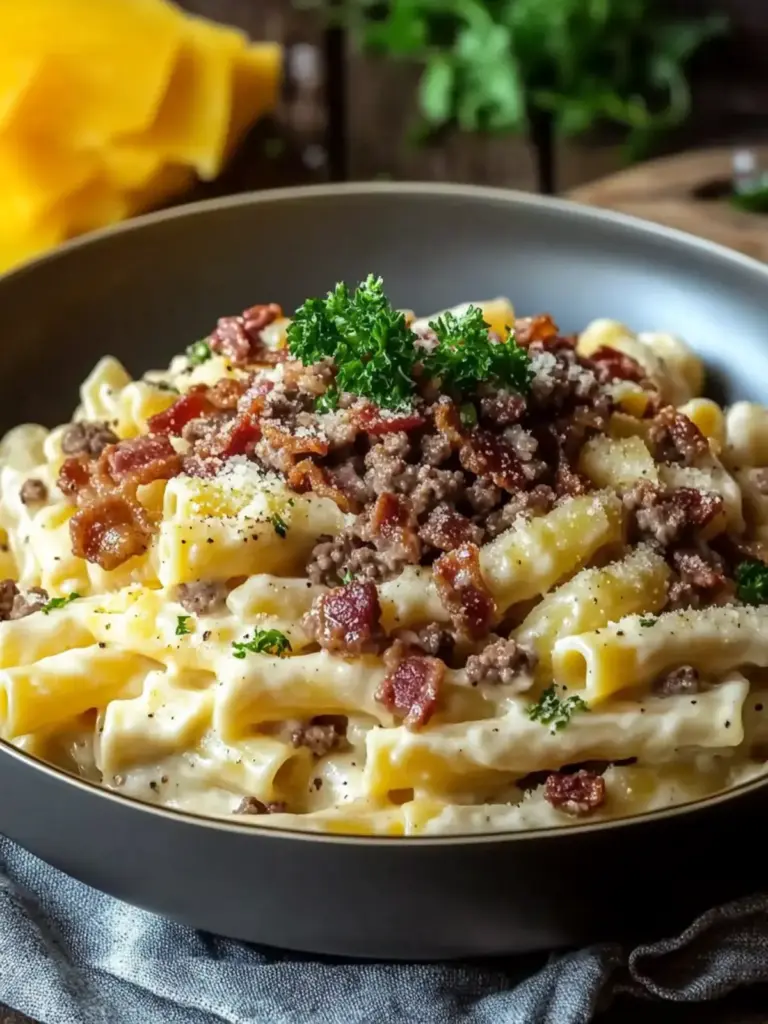 Loaded Bacon Cheeseburger Alfredo Pasta