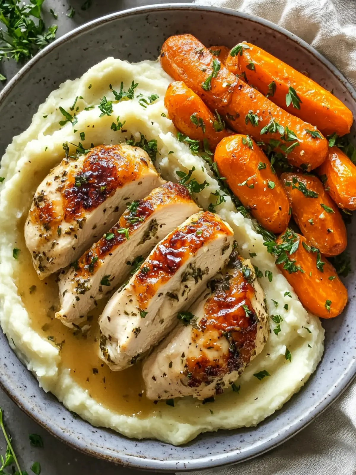 Creamy Herb Chicken with Mashed Potatoes and Glazed Carrots
