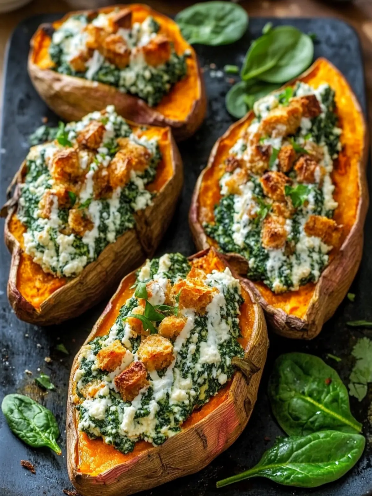 Heavenly baked sweet potatoes with creamy spinach ricotta and herb drizzle