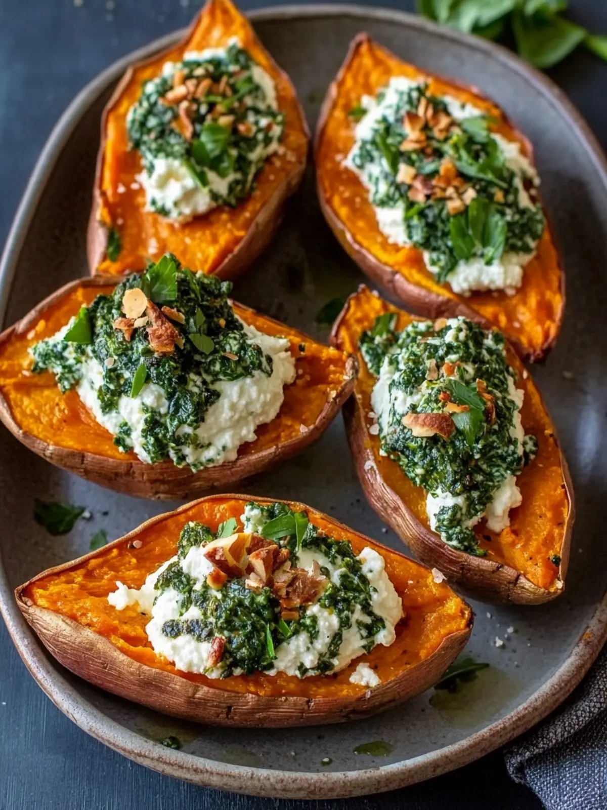 Heavenly baked sweet potatoes with creamy spinach ricotta and herb drizzle