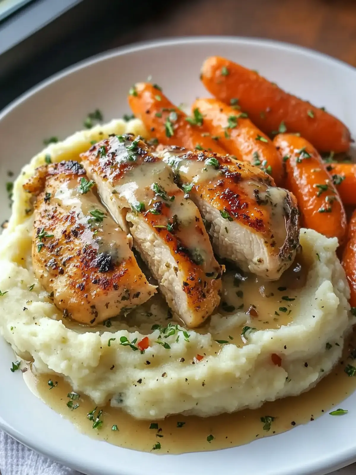 Creamy Herb Chicken with Mashed Potatoes and Glazed Carrots