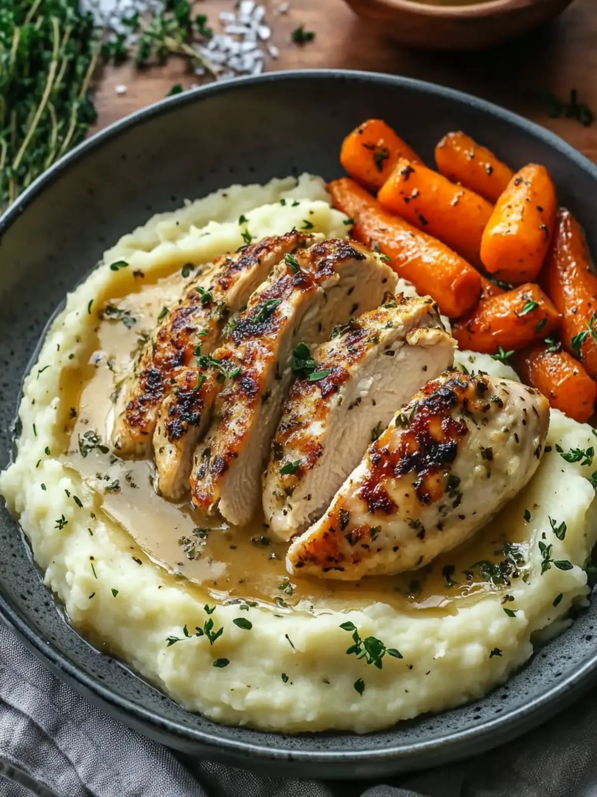 Creamy Herb Chicken with Mashed Potatoes and Glazed Carrots