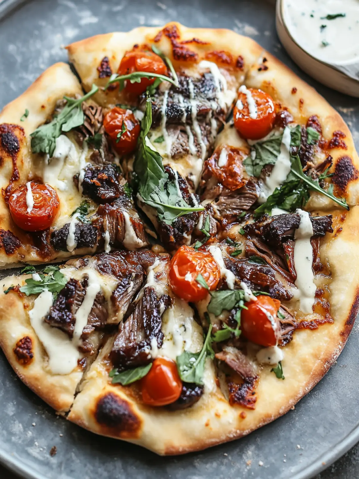 Gourmet Unique Short Rib Pizza with Smoked Gouda Cream Sauce 3 Unique Short Rib Pizza with Smoked Gouda Cream Sauce