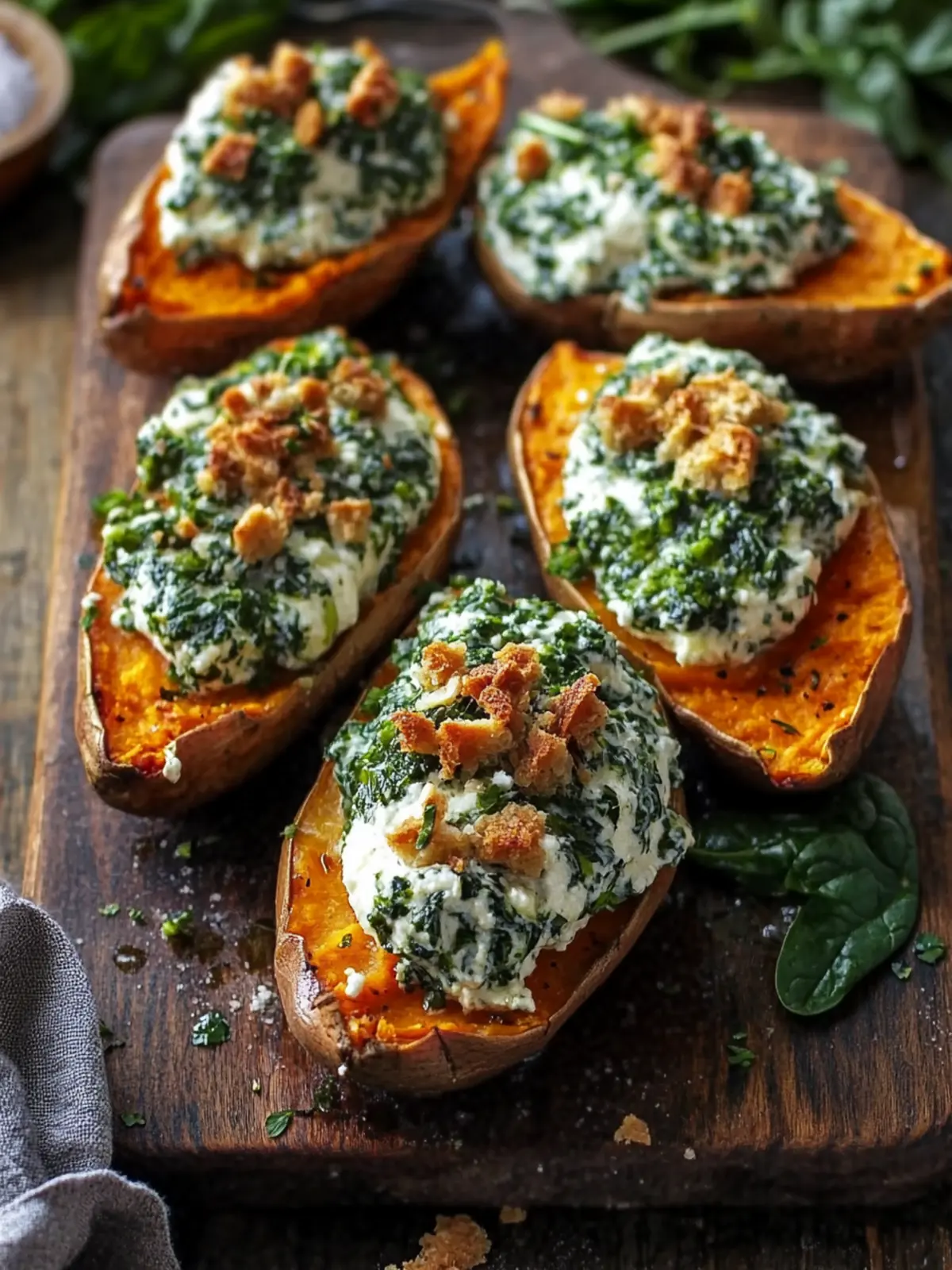 Heavenly baked sweet potatoes with creamy spinach ricotta and herb drizzle