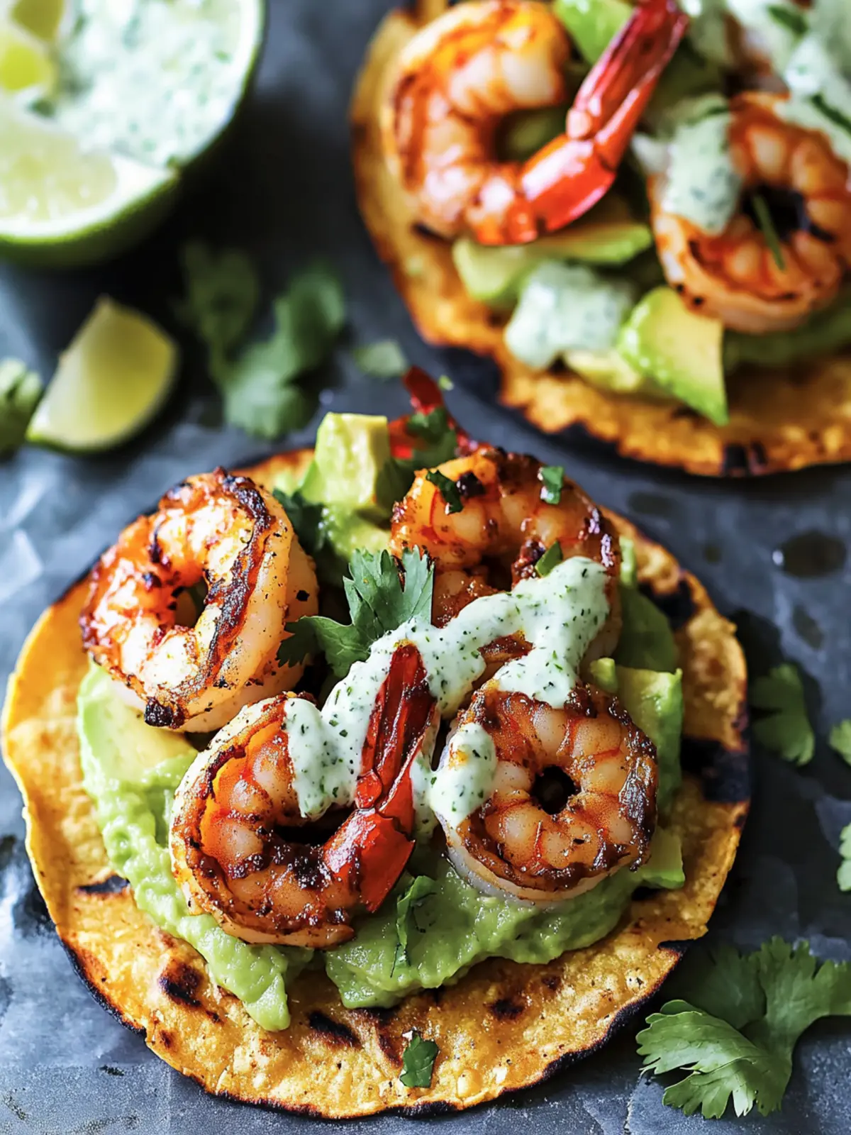Avocado and Chipotle Shrimp Tostadas with Cilantro Lime Crema