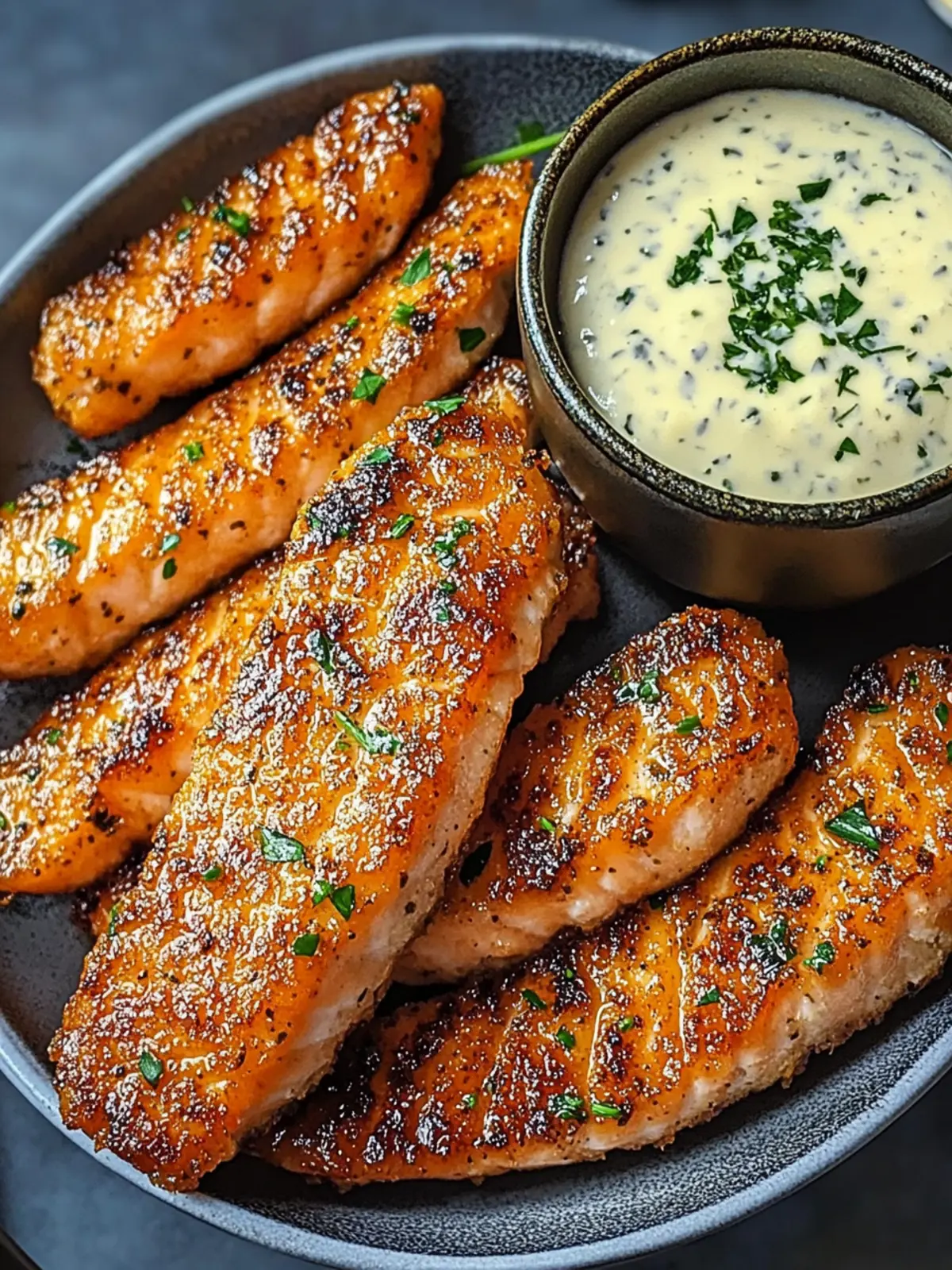 Crispy Salmon Strips with Herb Tartar Dip for Delightful Snacking 2 Crispy Salmon Strips with Herb Tartar Dip