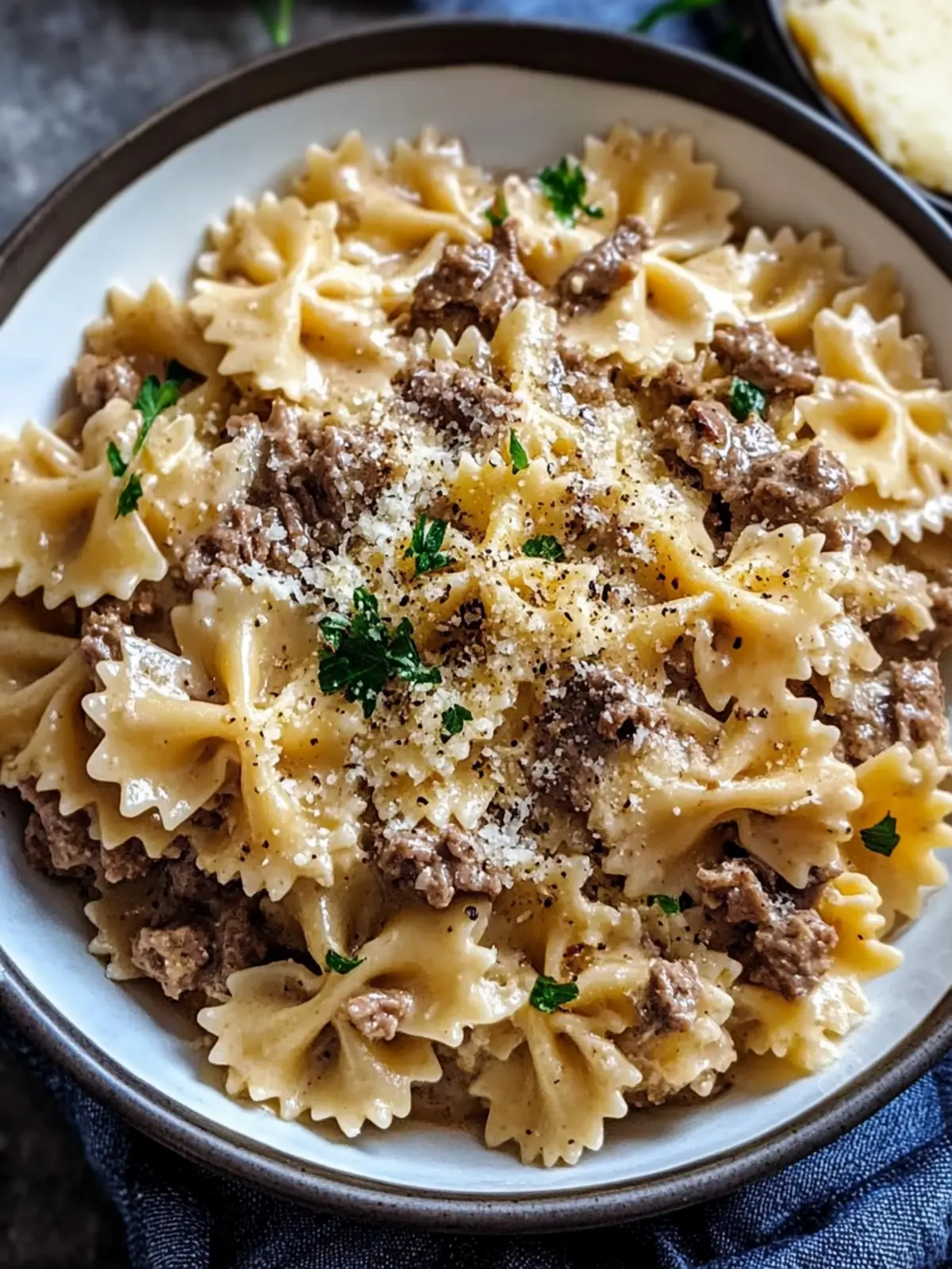 Creamy Parmesan Garlic Beef Bowtie Pasta