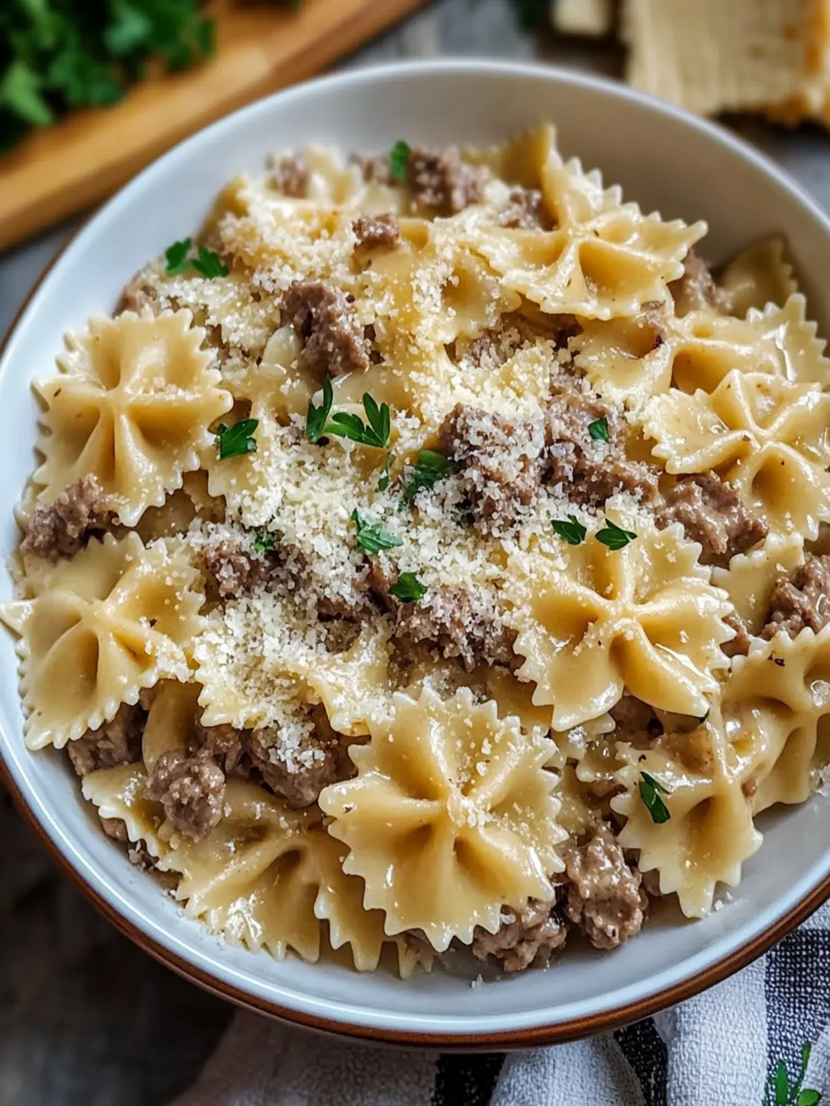 Creamy Parmesan Garlic Beef Bowtie Pasta