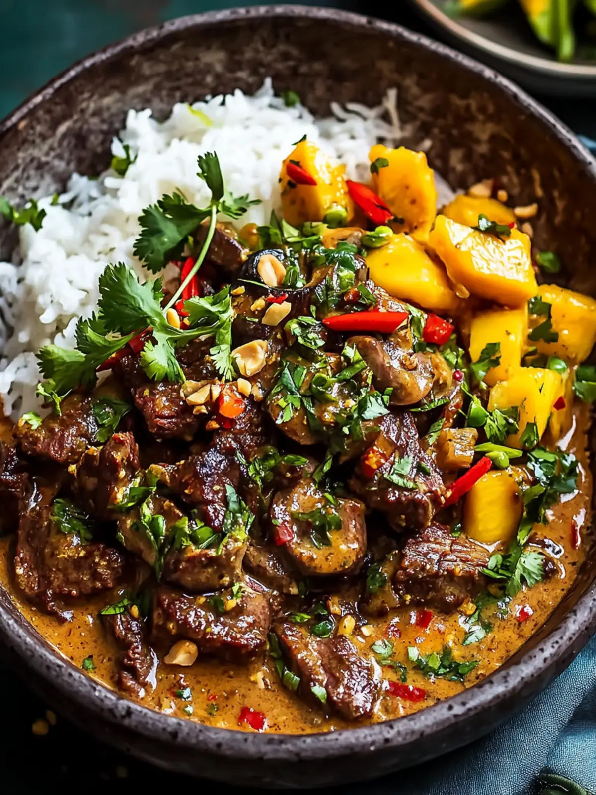 Thai-Inspired Curried Beef & Mushrooms with Zesty Peanut Sauce 3 Thai-Inspired Curried Beef & Mushrooms with Peanut Sauce and Mango Salsa
