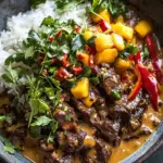 Thai-Inspired Curried Beef & Mushrooms with Zesty Peanut Sauce 7 Thai-Inspired Curried Beef & Mushrooms with Peanut Sauce and Mango Salsa