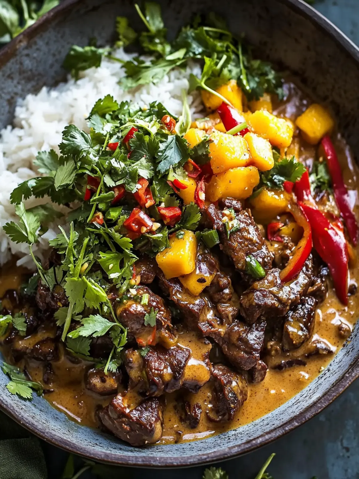 Thai-Inspired Curried Beef & Mushrooms with Zesty Peanut Sauce 5 Thai-Inspired Curried Beef & Mushrooms with Peanut Sauce and Mango Salsa