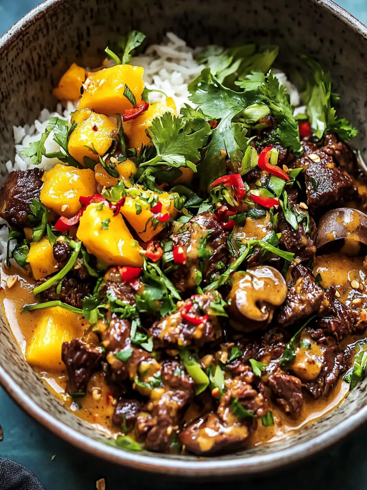 Thai-Inspired Curried Beef & Mushrooms with Zesty Peanut Sauce 2 Thai-Inspired Curried Beef & Mushrooms with Peanut Sauce and Mango Salsa