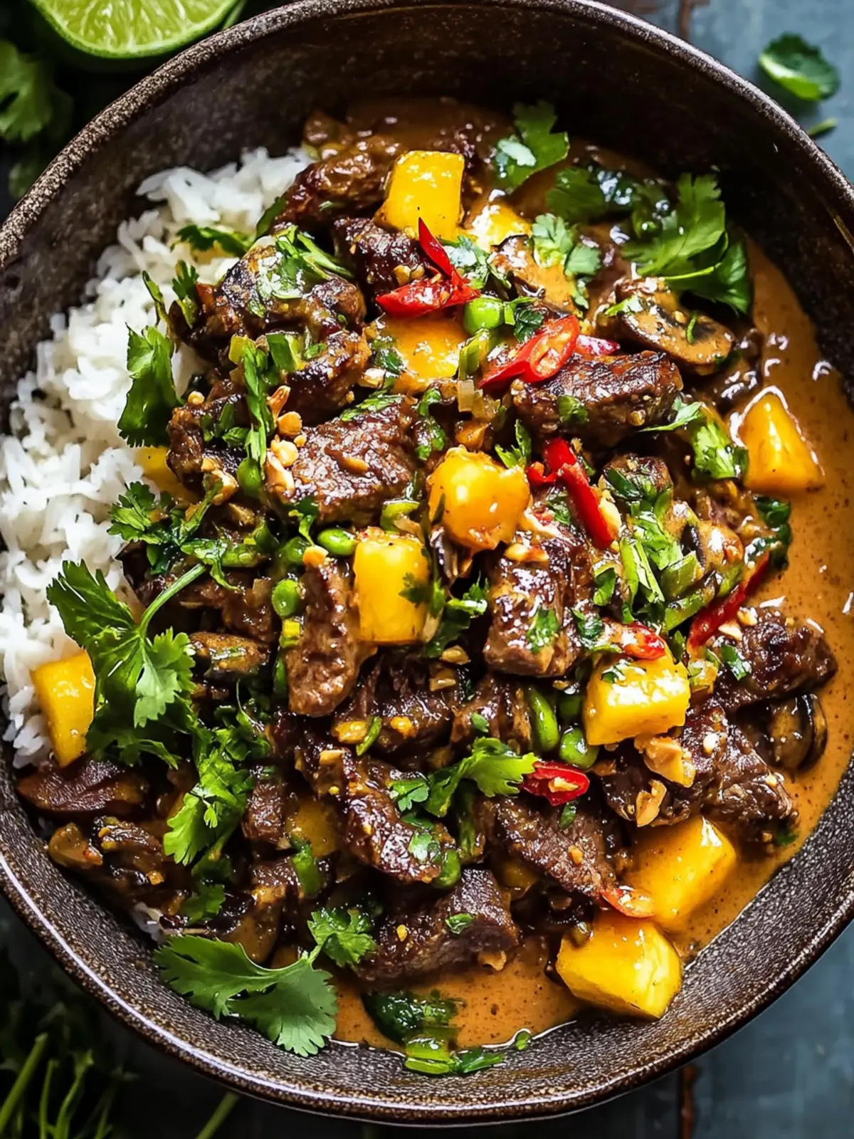 Thai-Inspired Curried Beef & Mushrooms with Zesty Peanut Sauce 4 Thai-Inspired Curried Beef & Mushrooms with Peanut Sauce and Mango Salsa
