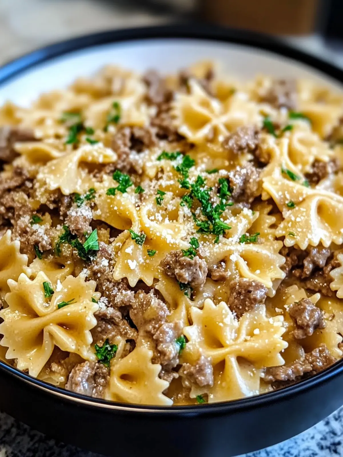 Creamy Parmesan Garlic Beef Bowtie Pasta
