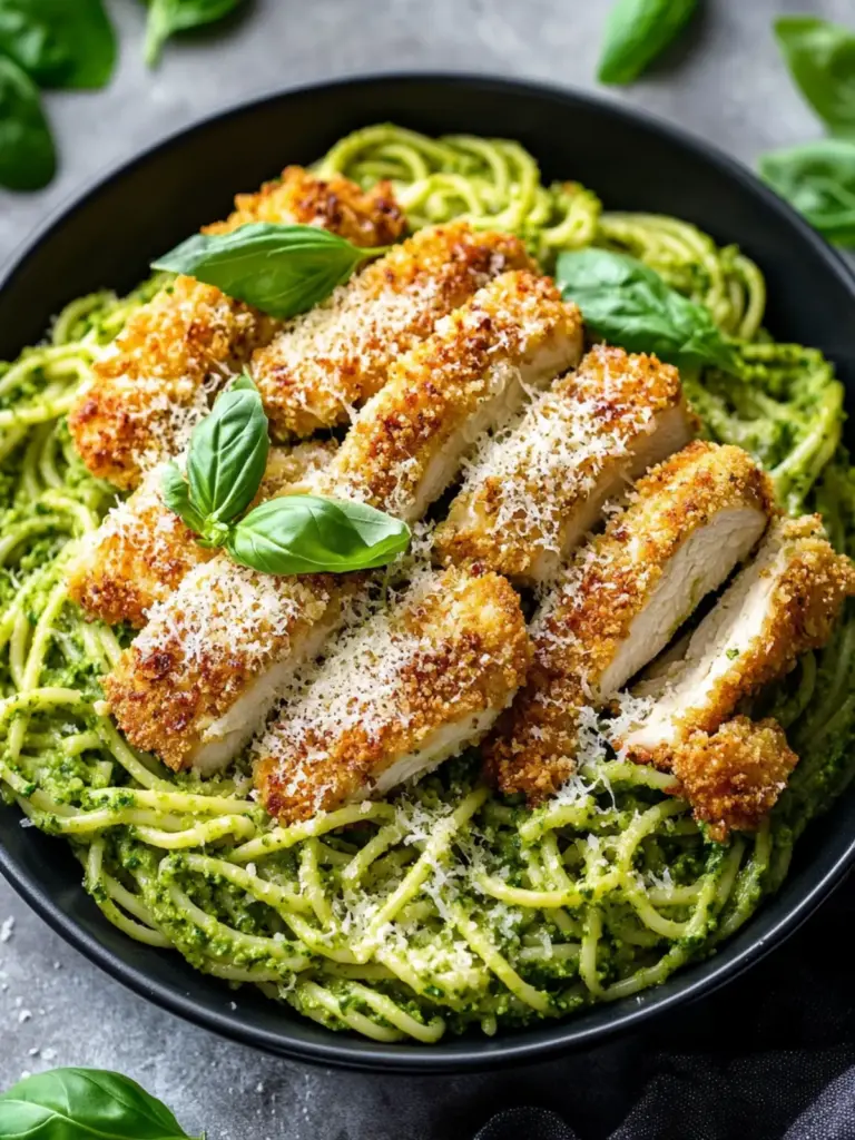 Pesto Pasta with Crispy Parmesan Chicken