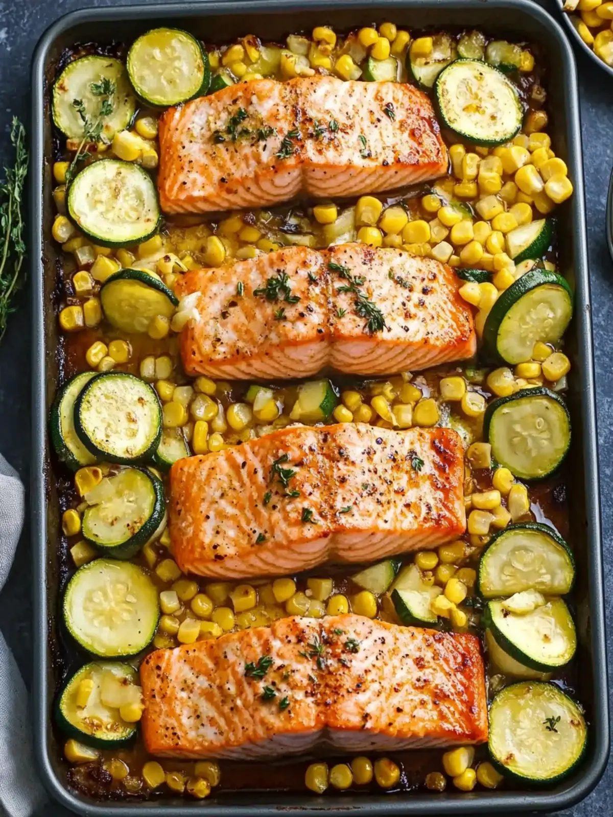 Sheet Pan Honey Garlic Salmon with Zucchini and Corn
