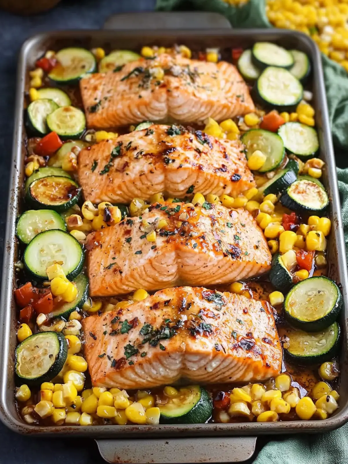 Sheet Pan Honey Garlic Salmon with Zucchini and Corn