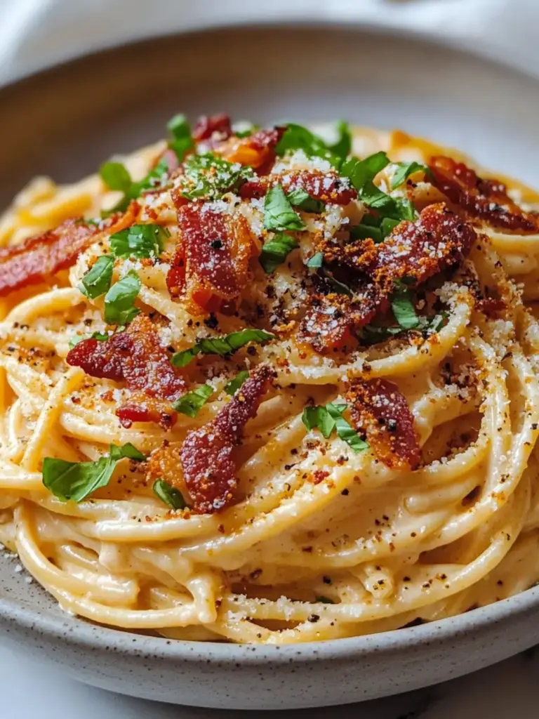 Creamy Gochujang Carbonara with Crispy Bacon Bits