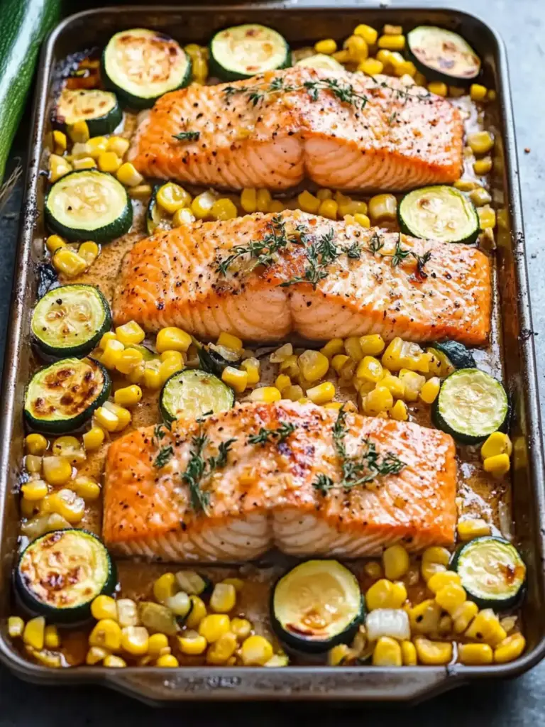 Sheet Pan Honey Garlic Salmon with Zucchini and Corn