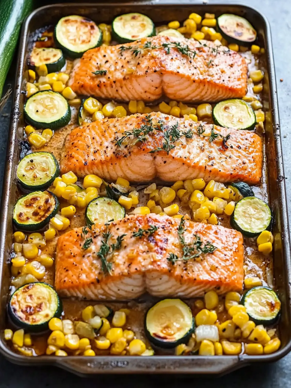 Sheet Pan Honey Garlic Salmon with Zucchini and Corn