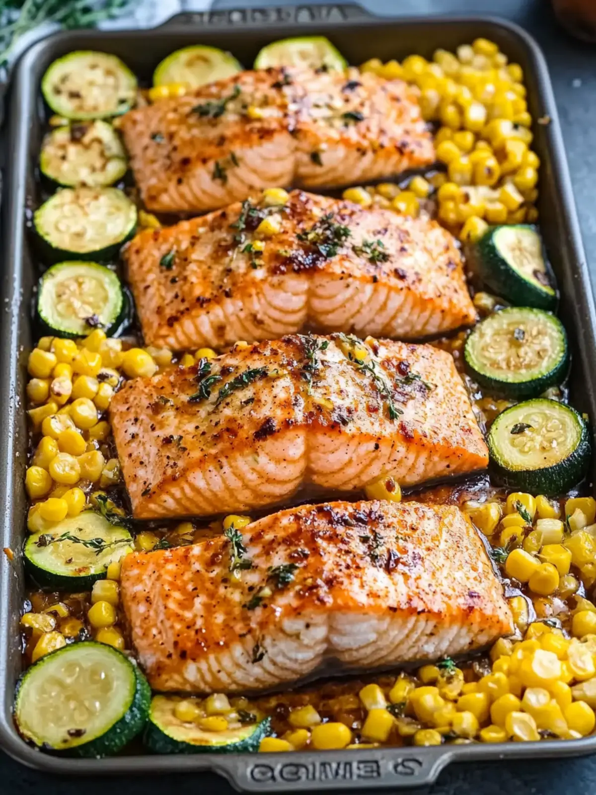 Sheet Pan Honey Garlic Salmon with Zucchini and Corn